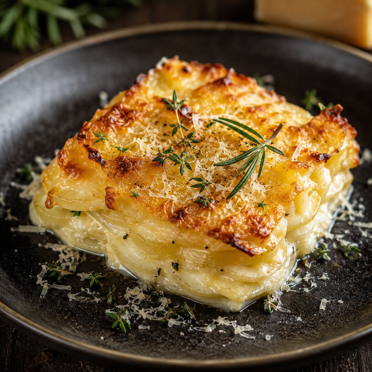 Goldbraun gebackenes Kartoffelgratin mit Bergkäse und Grana Padano.