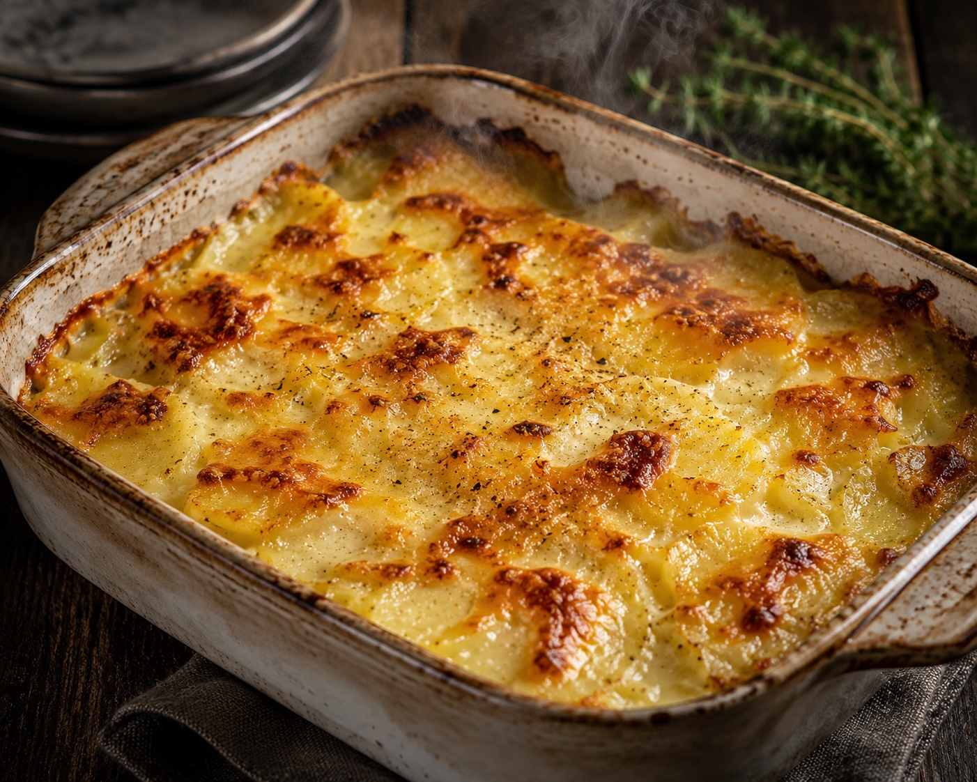 Frisch gebackenes Kartoffelgratin direkt aus dem Ofen.