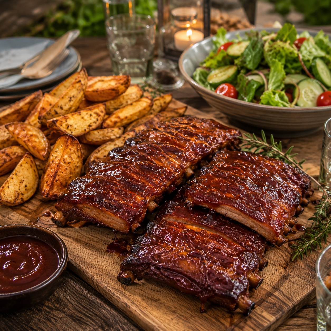Spareribs vom Grill mit Kartoffel-Wedges und Gartensalat