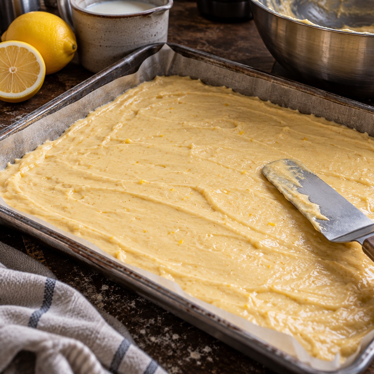 Buttermilchkuchen auf dem Blech vor dem Backen