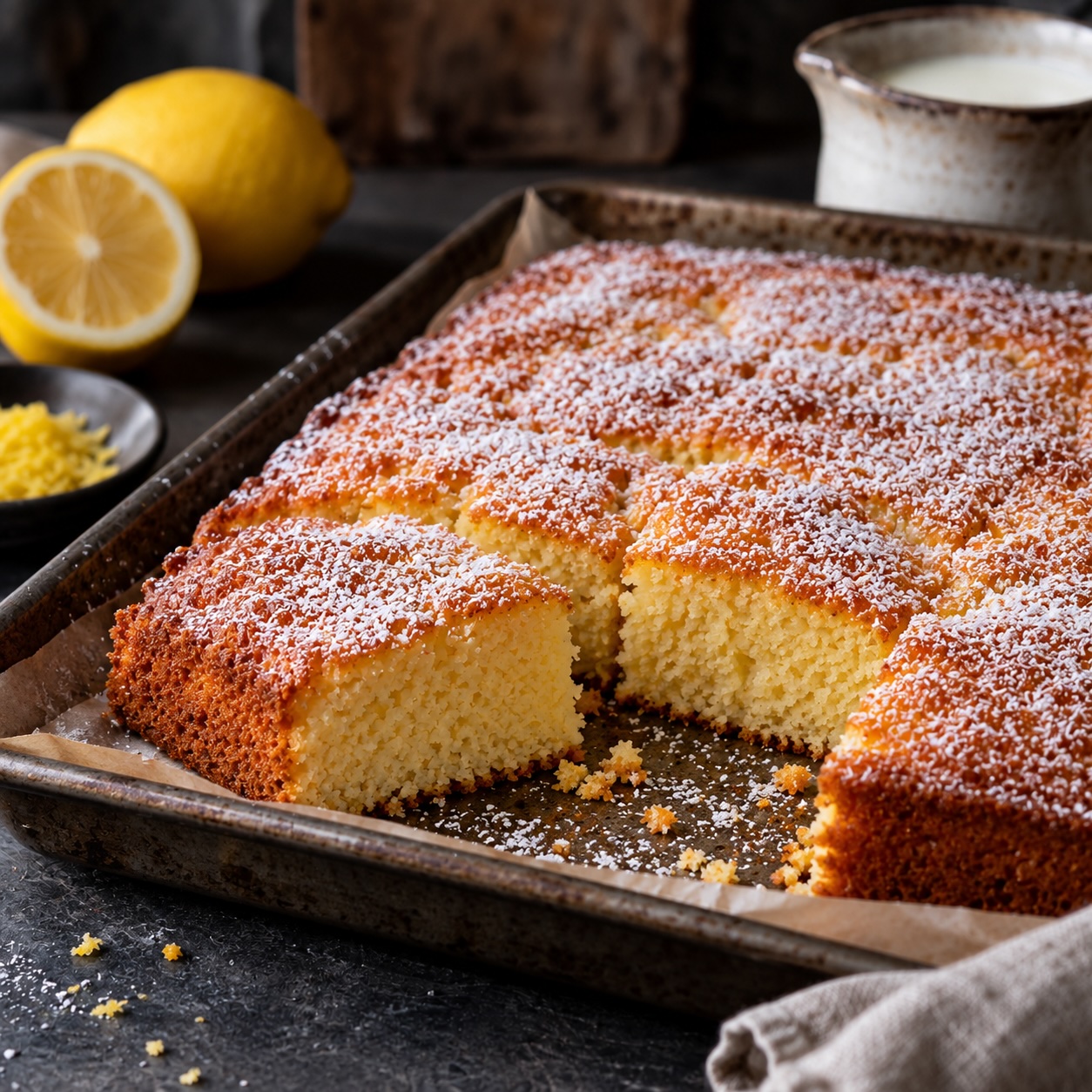 Fertiger Buttermilchkuchen vom Blech mit Zitrone und Staubzucker