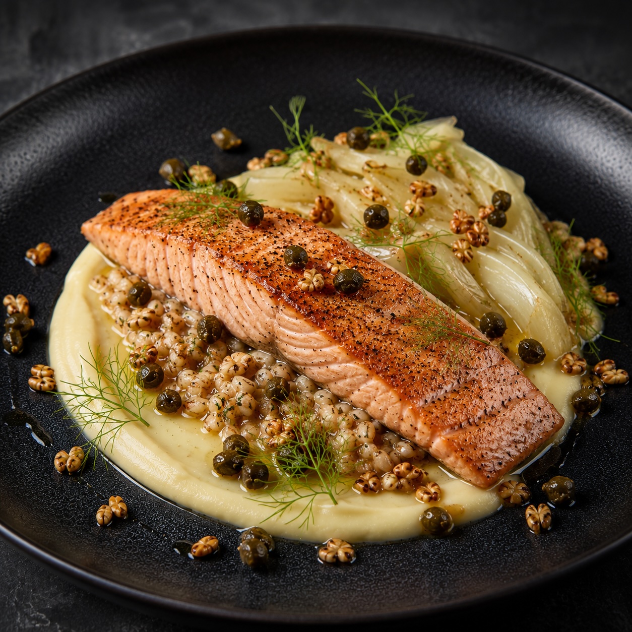Lachsforelle mit Kartoffelcreme, Fenchel, Kapern und gebratenem Hafer