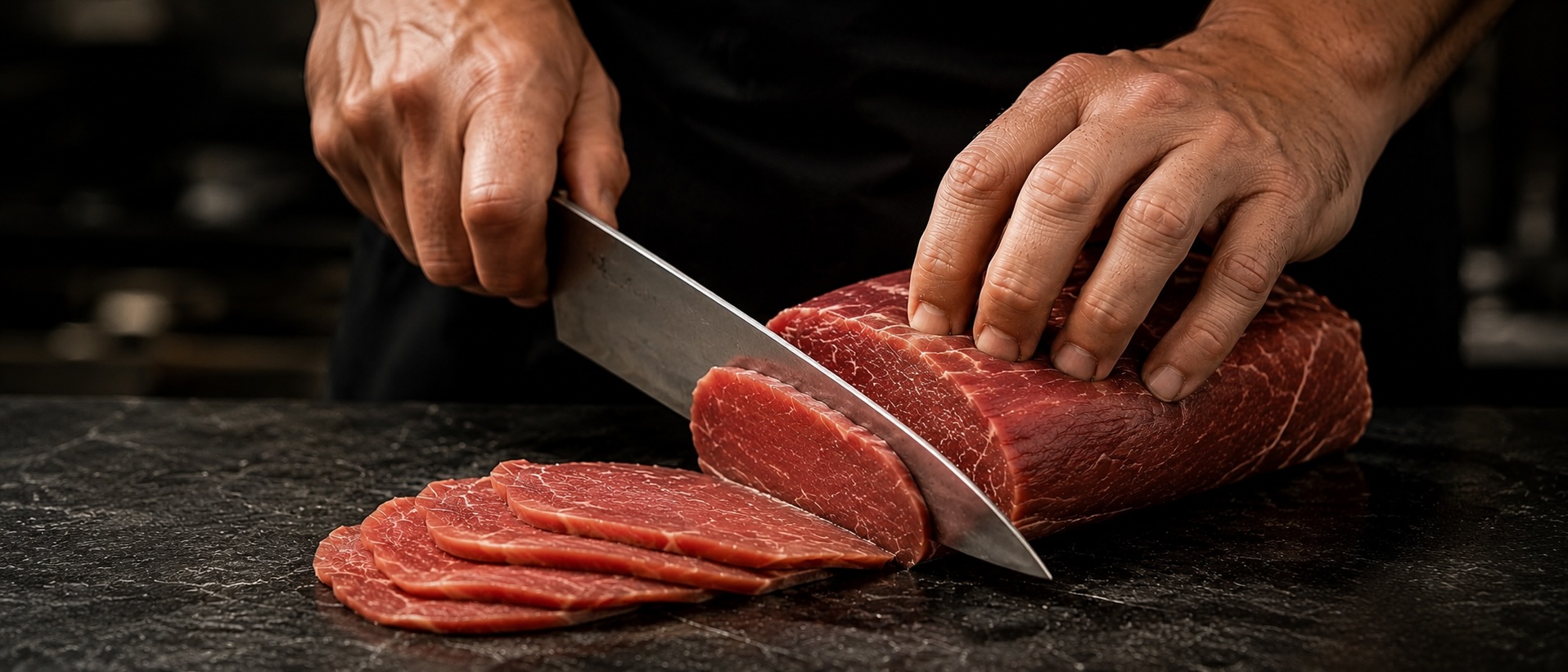 Hände beim Schneiden eines rohen Rinderfilets