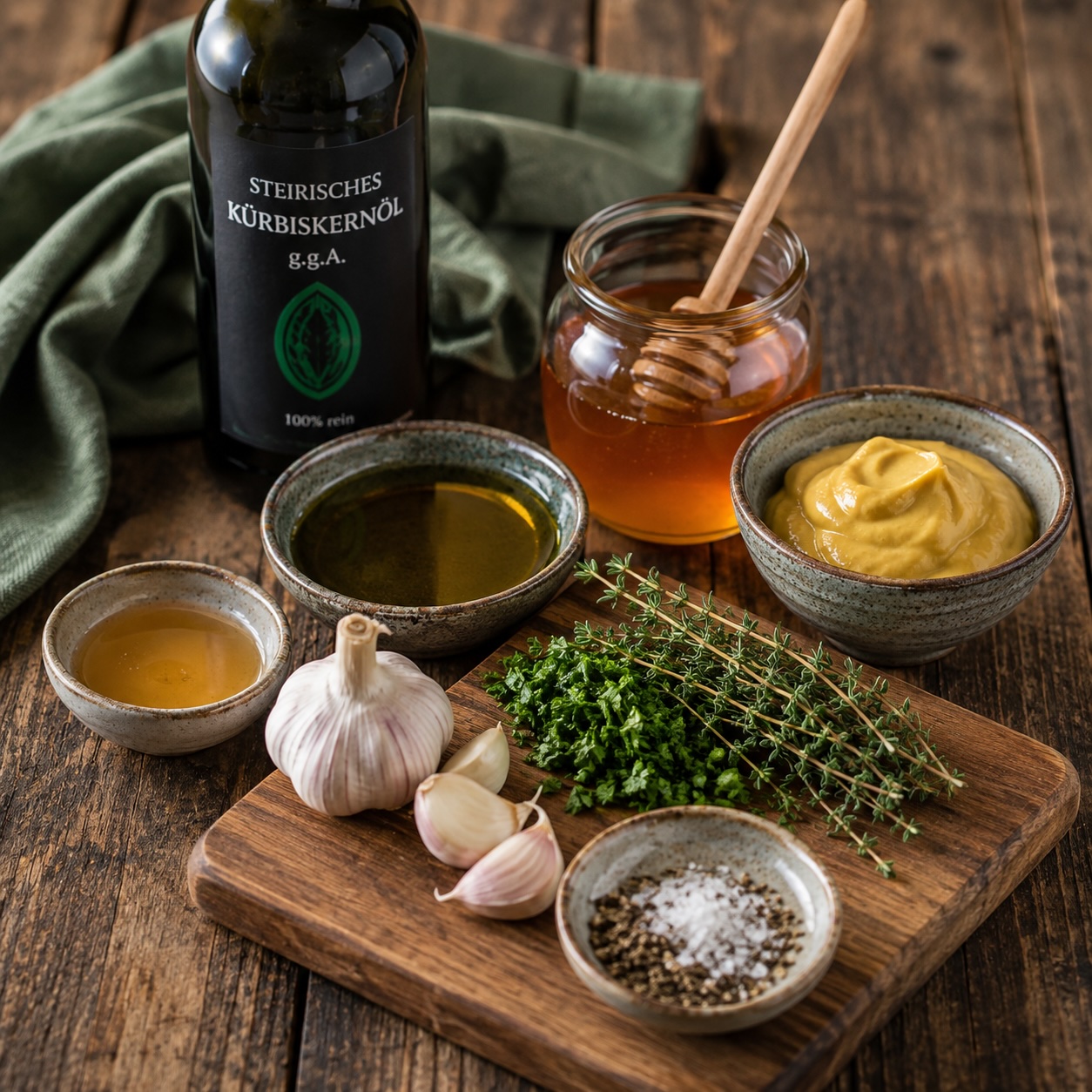 Die Zutaten für die steirische Honig-Senf-Marinade mit Honig, Senf, Kürbiskernöl, Knoblauch und frischen Kräutern