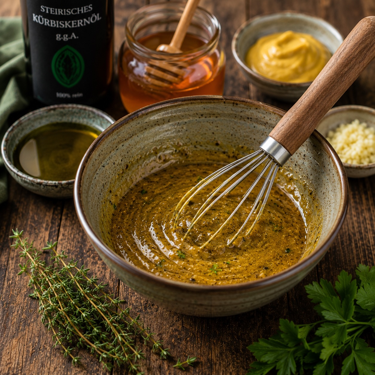 Honig, Senf und Kürbiskernöl werden zu einer cremigen Marinade verrührt