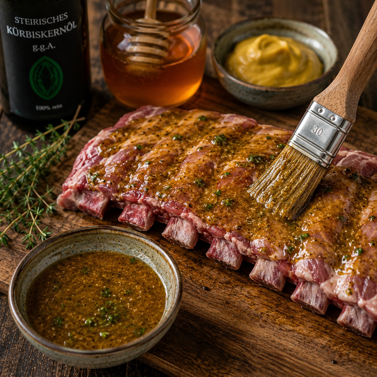 Spare Ribs werden mit der steirischen Honig-Senf-Marinade bestrichen