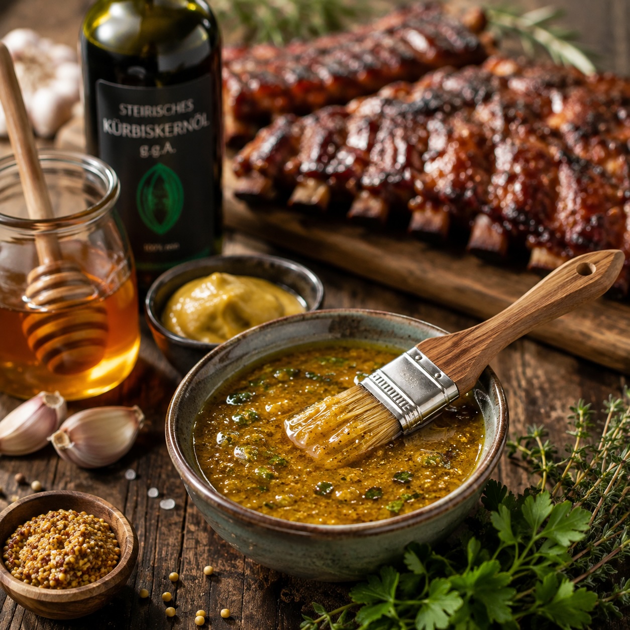 Saftige Spare Ribs auf zwei Holzkohlegrillern mit steirischer Honig-Senf-Marinade vor einer Bergkulisse