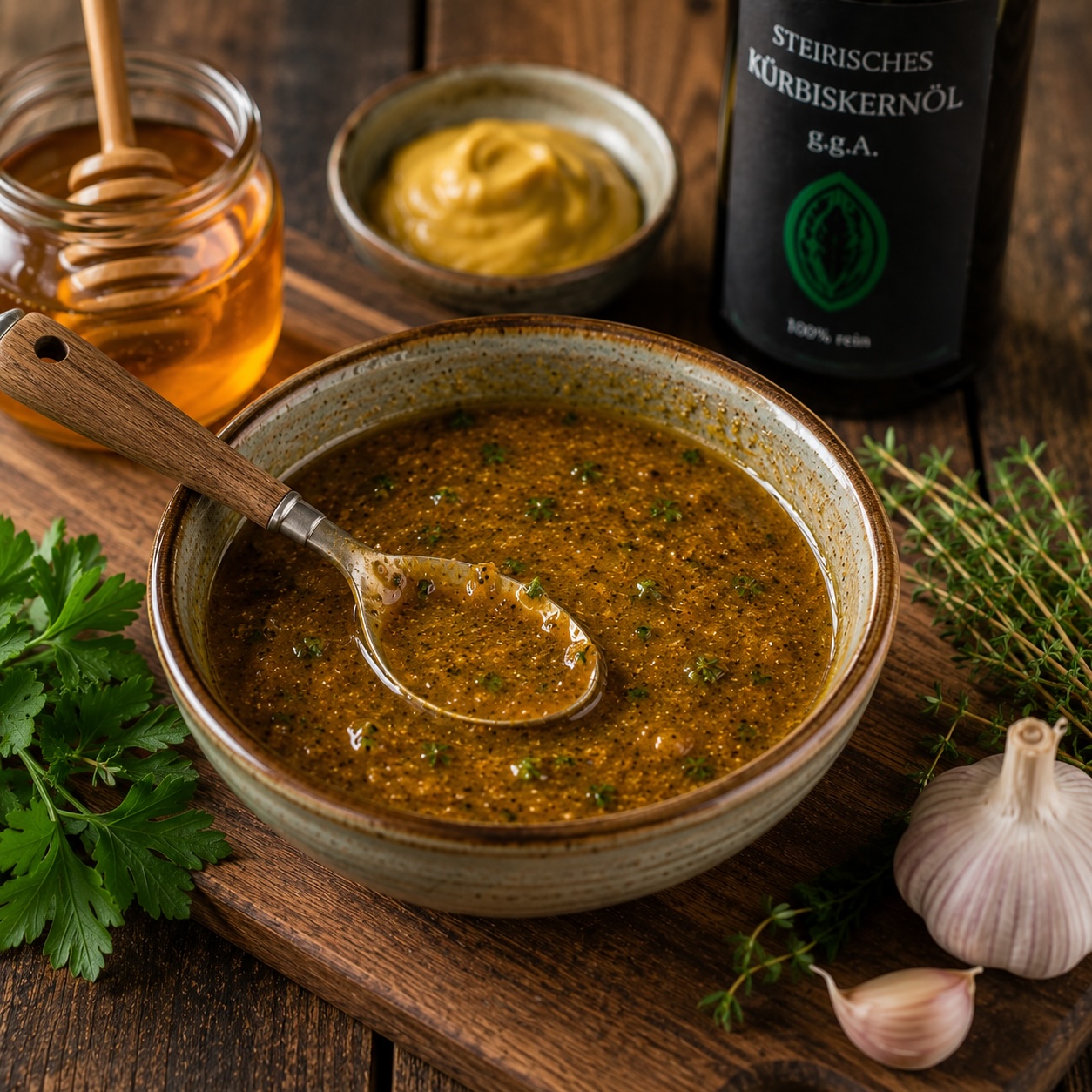 Die fertige steirische Honig-Senf-Marinade eignet sich für Fleisch, Fisch und Gemüse