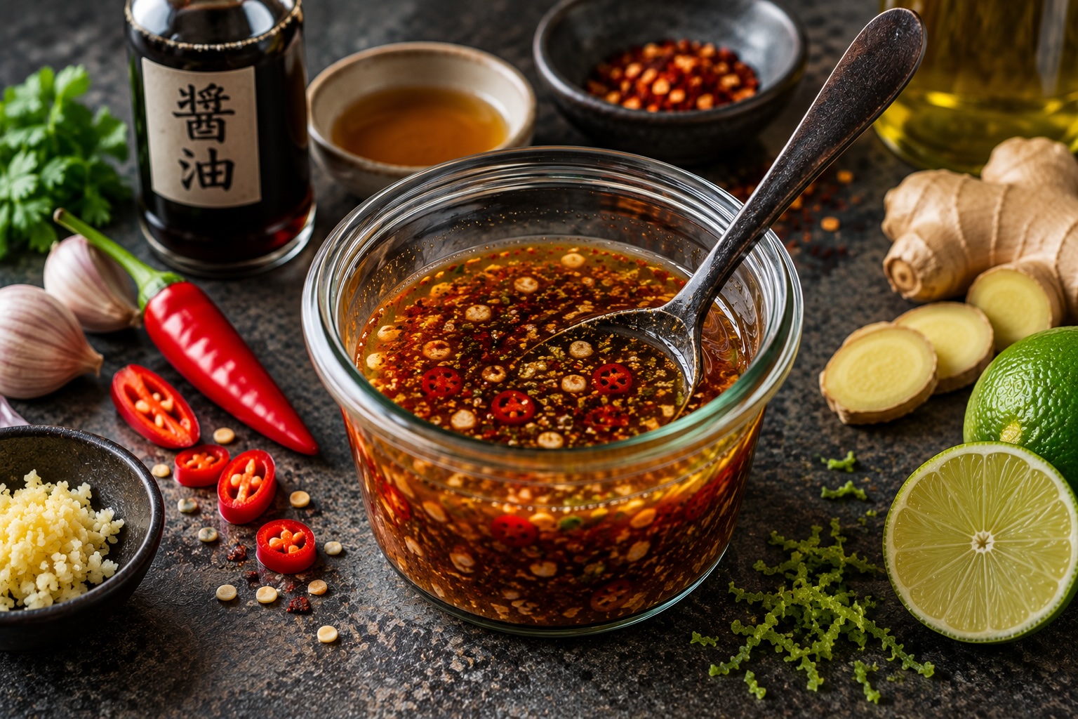 Marinade mit Sojasauce, Ingwer und frischer Chili