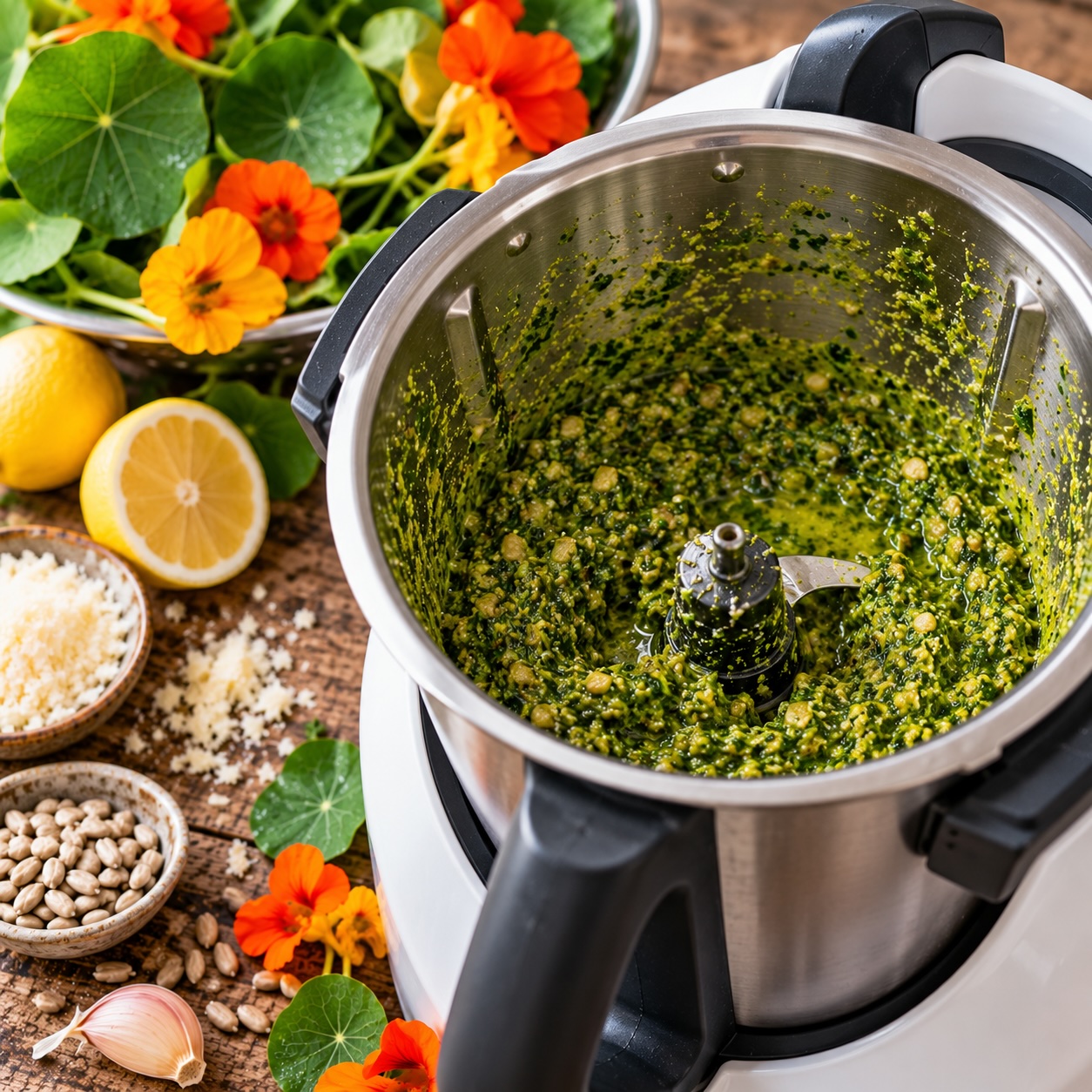 Kapuzinerkressepesto frisch gemixt mit Olivenöl und Zitrone