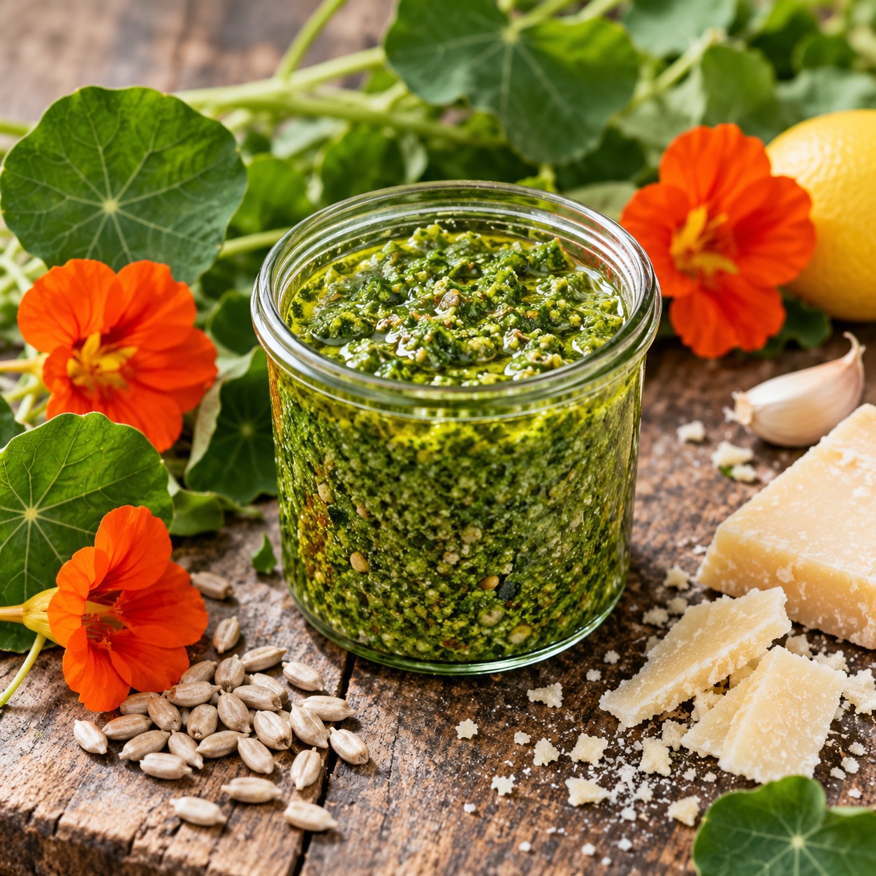 Kapuzinerkressepesto im Glas mit frischer Kapuzinerkresse, Parmesan und Sonnenblumenkernen