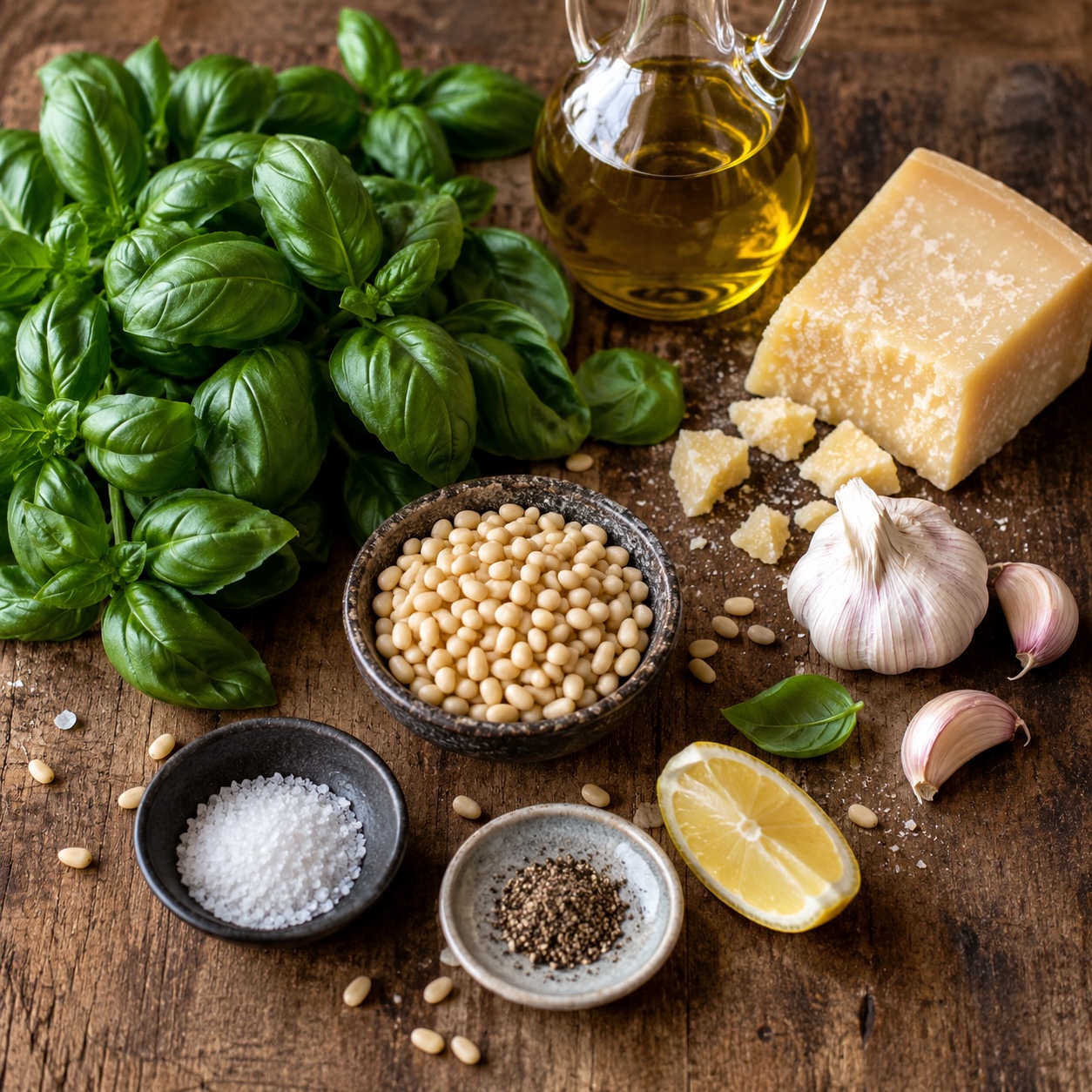 Frische Basilikumblätter, Pinienkerne, Parmesan und Knoblauch als Zutaten für ein klassisches Pesto.