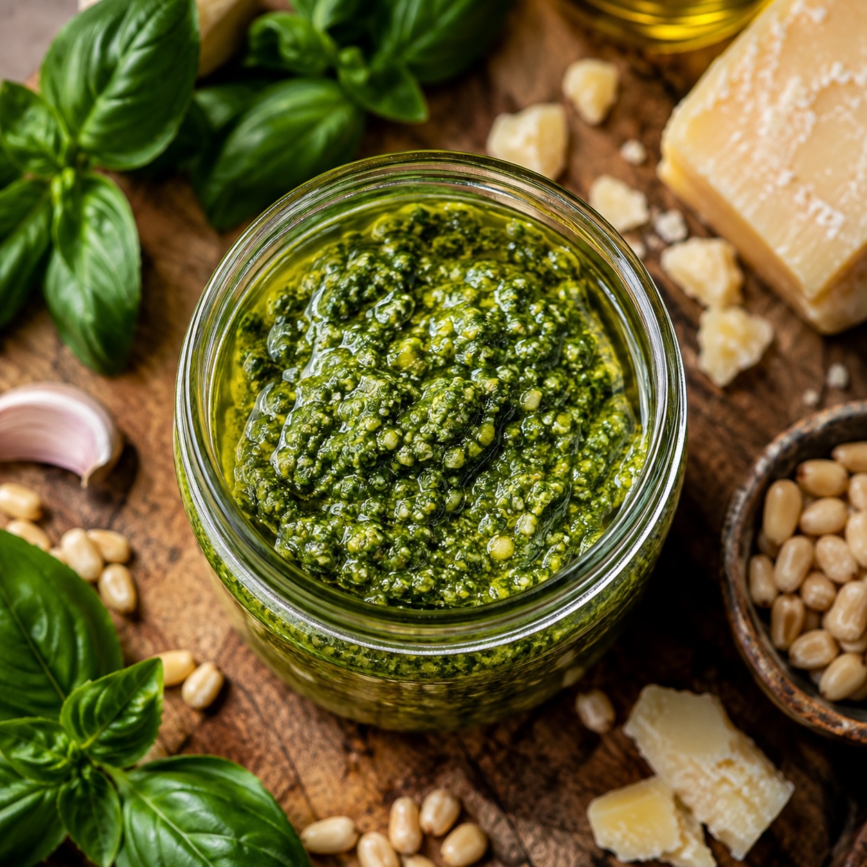 Cremiges Basilikum-Pesto in einem Glas, servierfertig angerichtet.