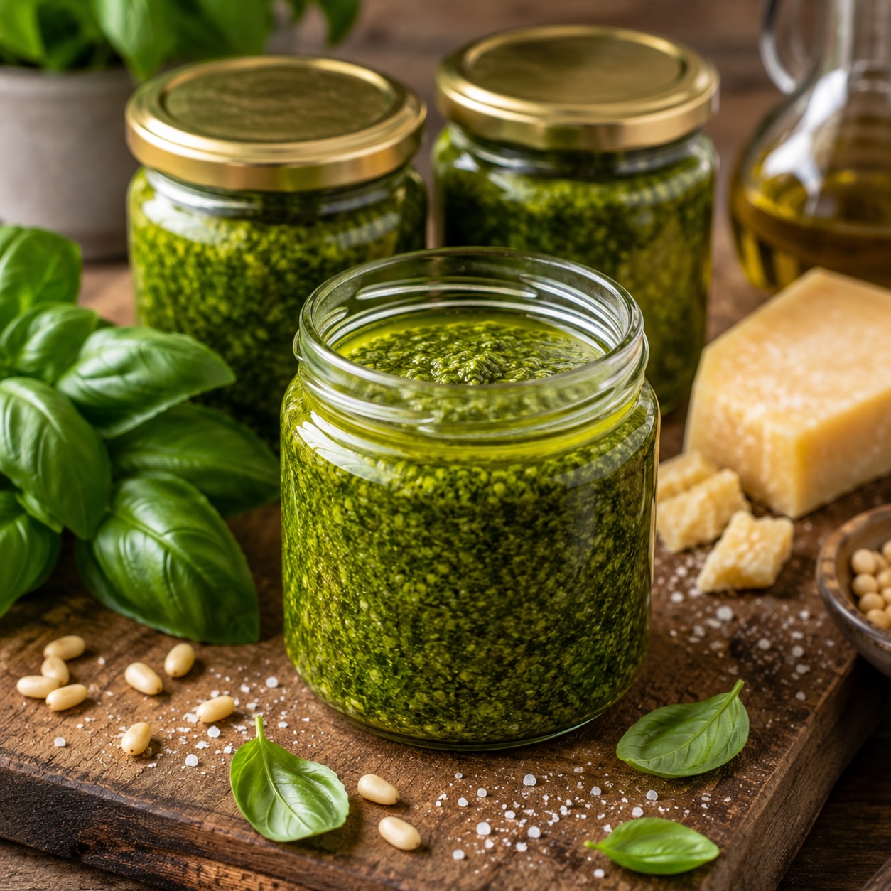 Das fertige Pesto wird in Gläser abgefüllt und mit Olivenöl bedeckt.