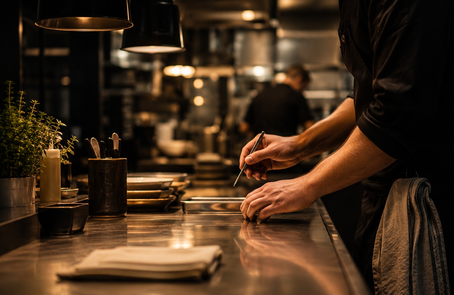 Hände eines Küchenchefs beim Arbeiten in einer professionellen Küche
