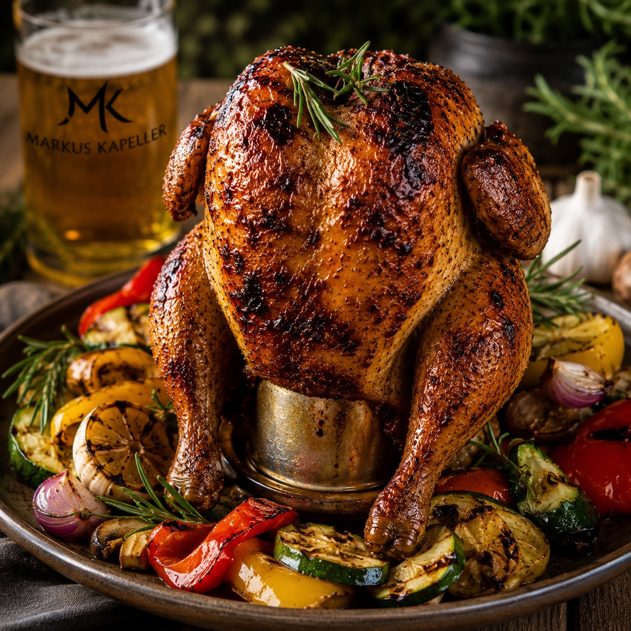 Fertig angerichtetes Beer Can Sulmtaler Huhn mit Grillgemüse