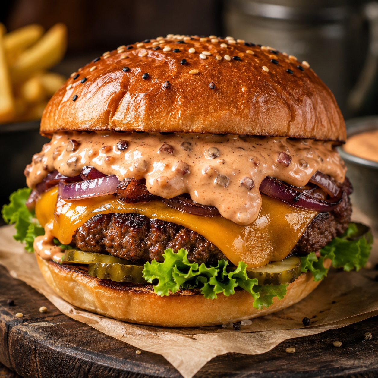 Smoky Burger Sauce auf einem saftigen Cheeseburger serviert
