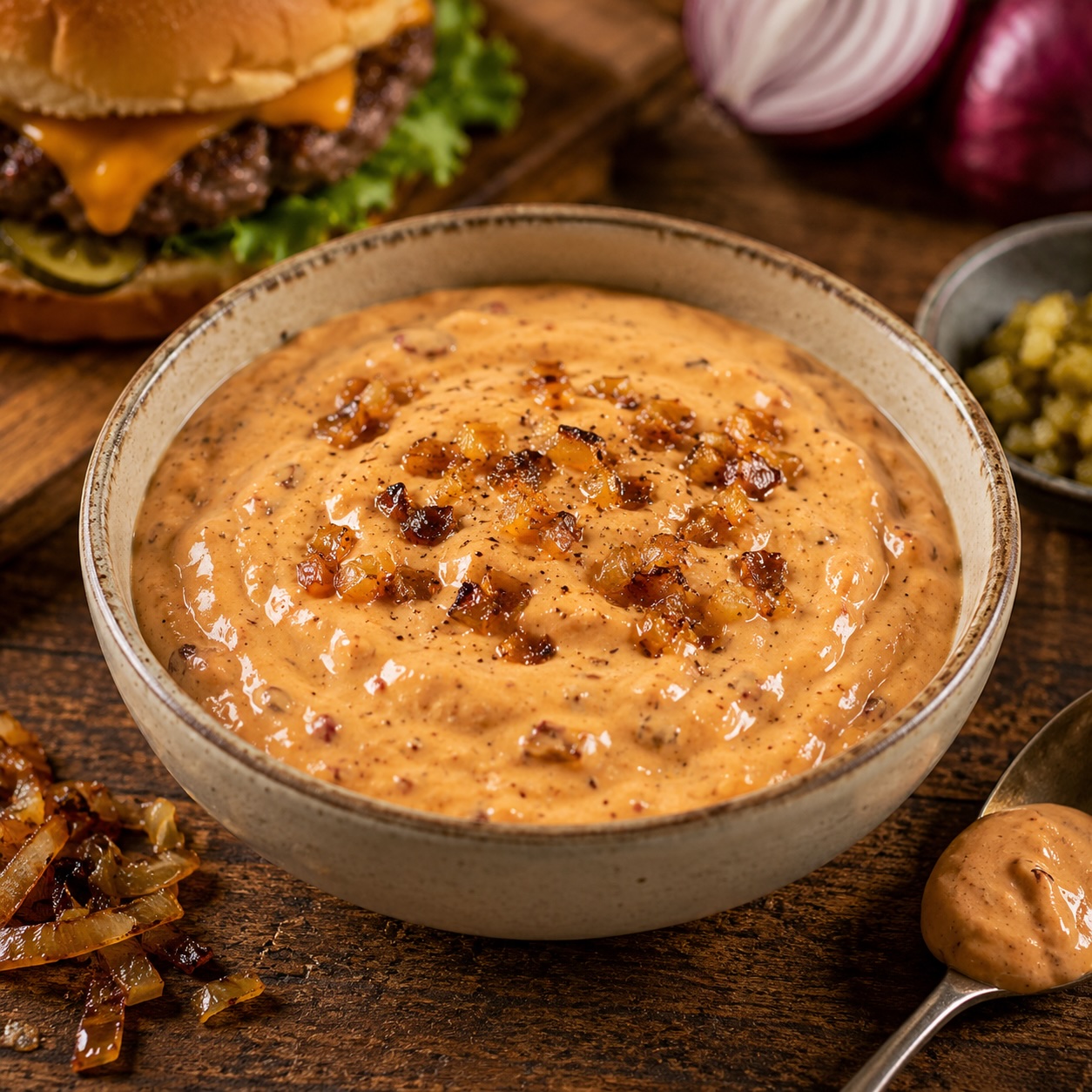 Smoky Burger Sauce mit karamellisierten Schalotten in einer Keramikschüssel