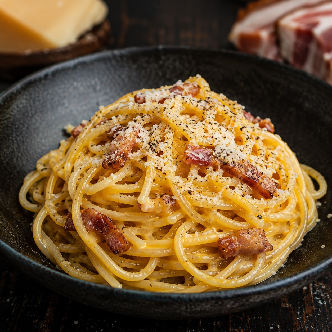 Original italienische Spaghetti Carbonara mit Guanciale, Pecorino Romano und schwarzem Pfeffer