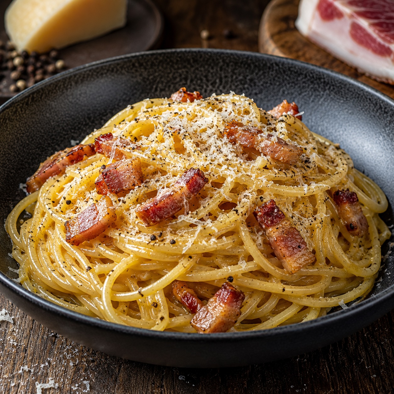 Original italienische Spaghetti Carbonara mit Guanciale, Pecorino Romano und schwarzem Pfeffer