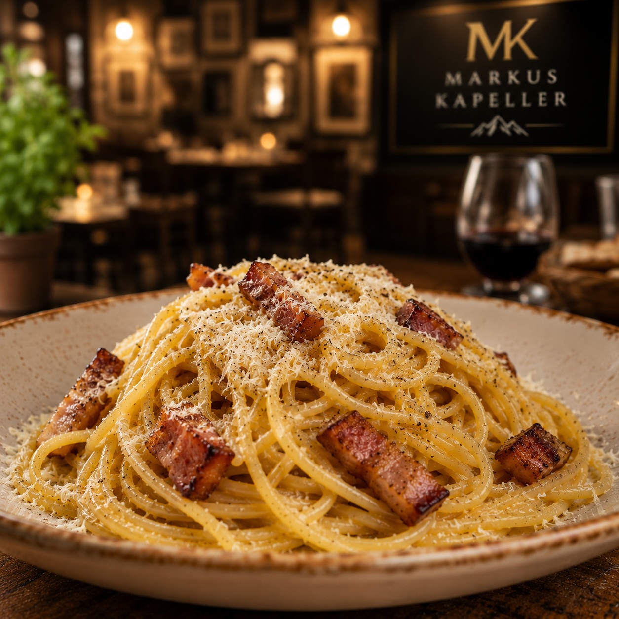 Frisch angerichtete Spaghetti Carbonara mit Pecorino Romano und schwarzem Pfeffer