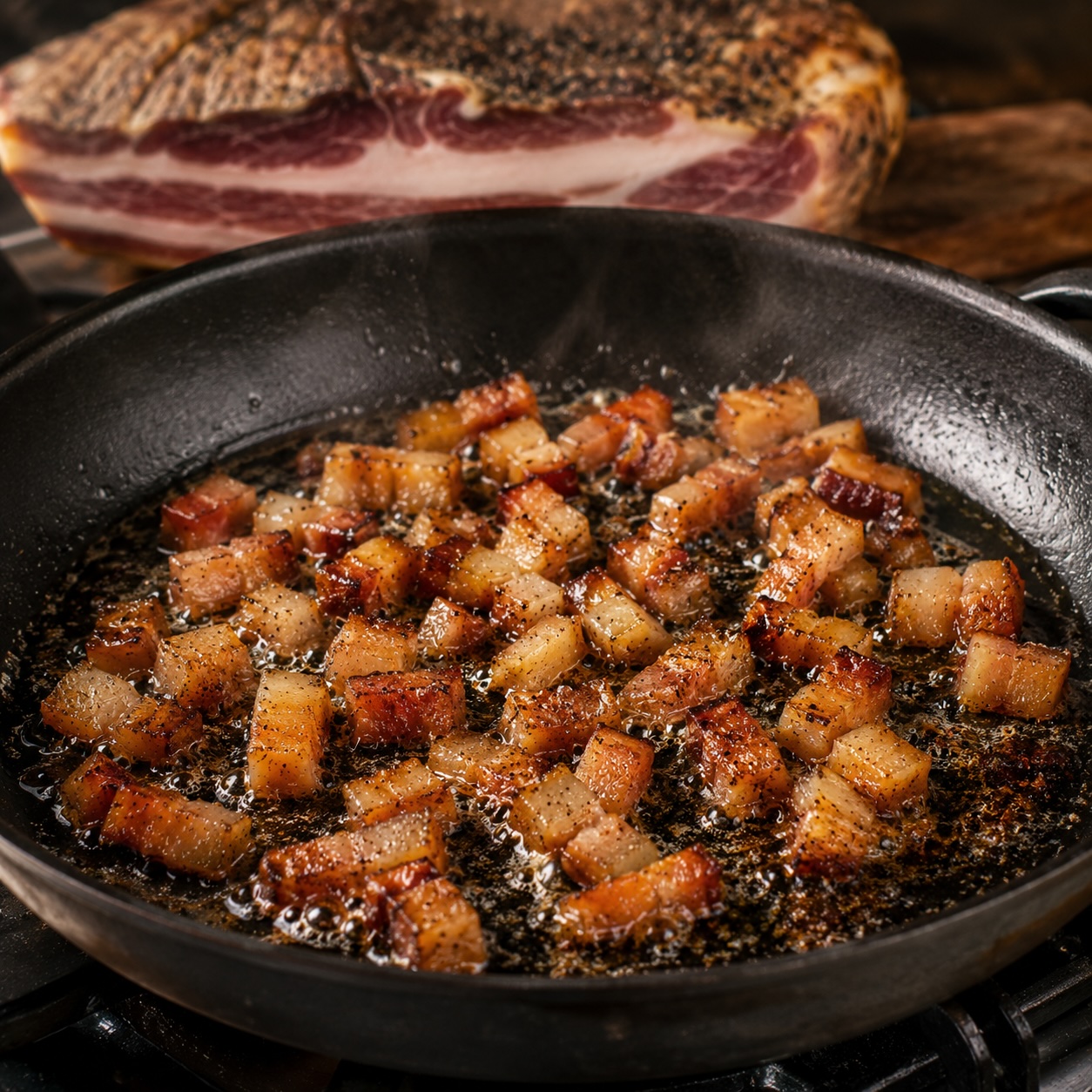 Guanciale wird langsam knusprig ausgebraten