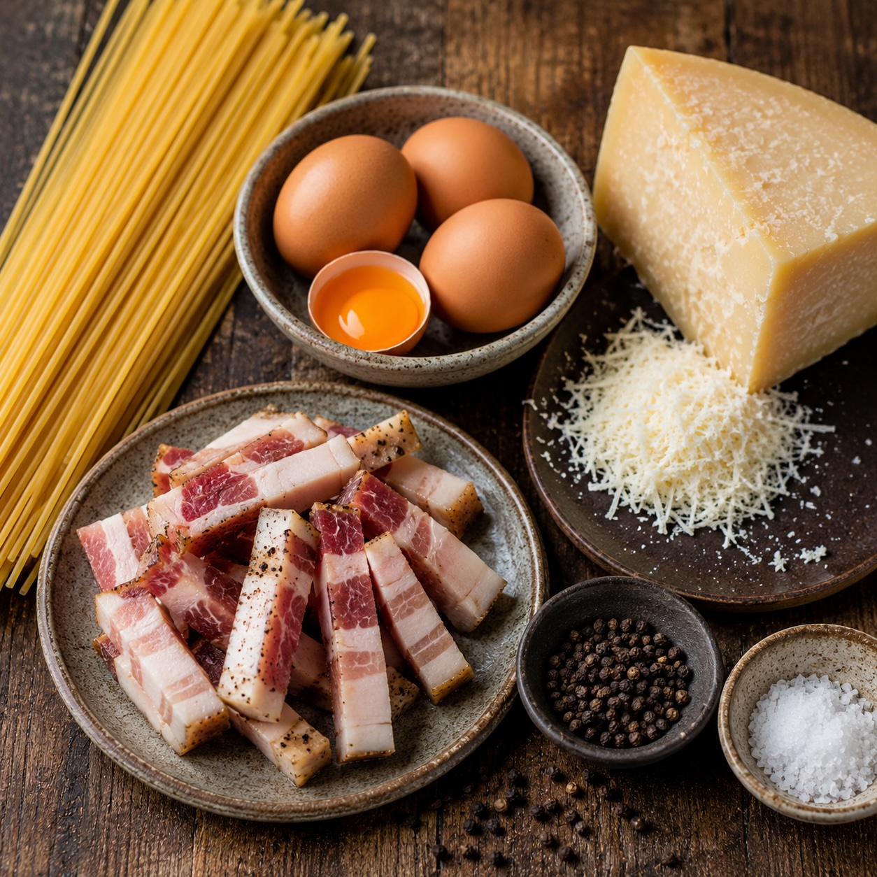 Zutaten für originale Spaghetti Carbonara übersichtlich angerichtet