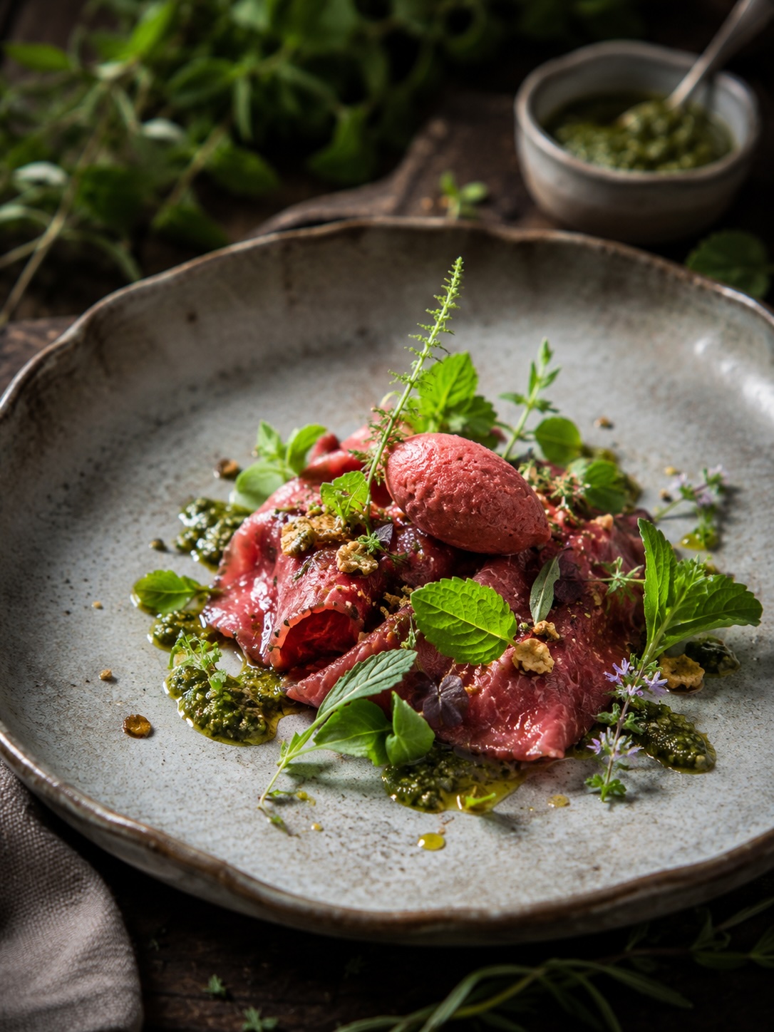 Geeistes Bio Rind mit Basilikumpesto und Parmesanchips