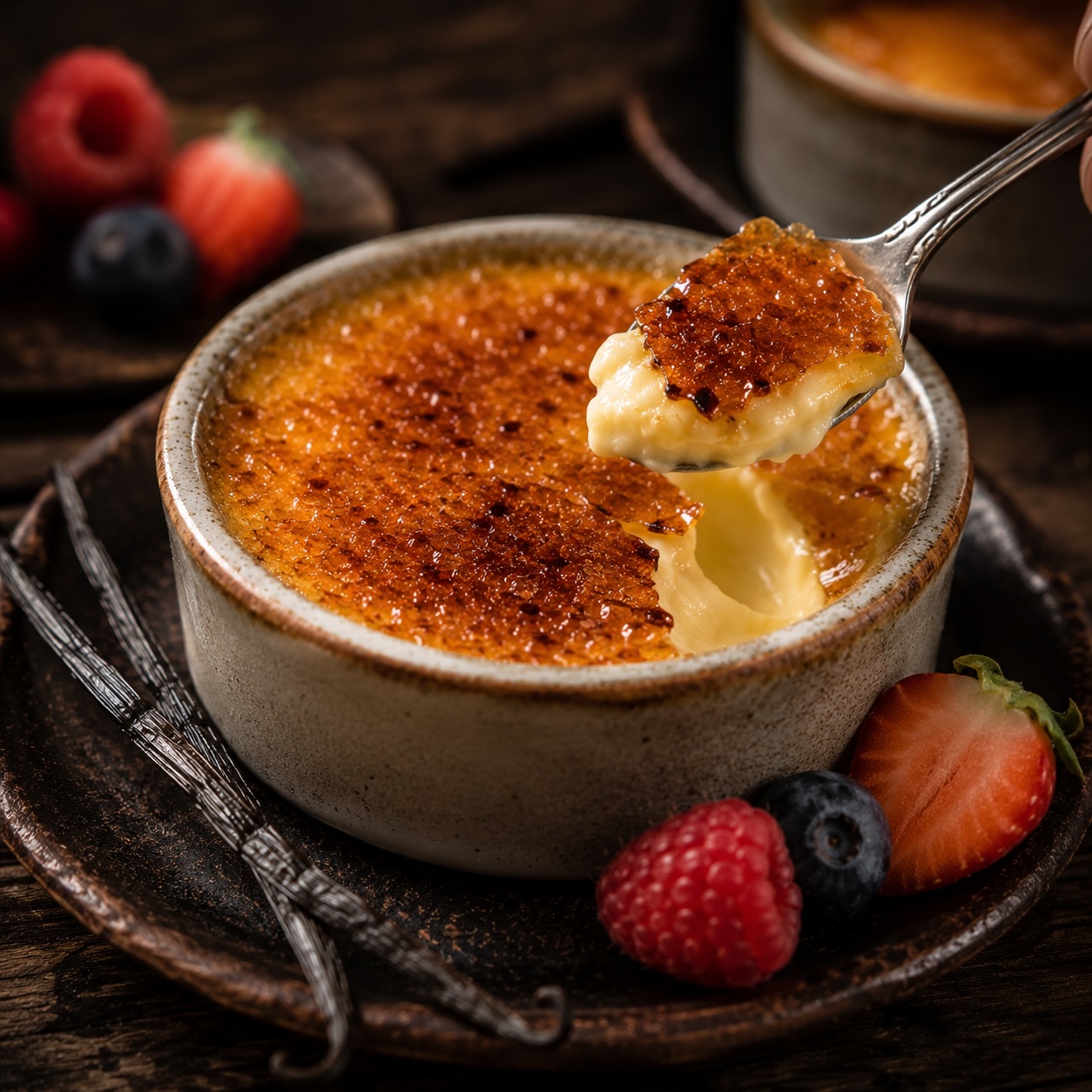 Crème Brûlée mit karamellisierter Zuckerkruste und frischen Beeren