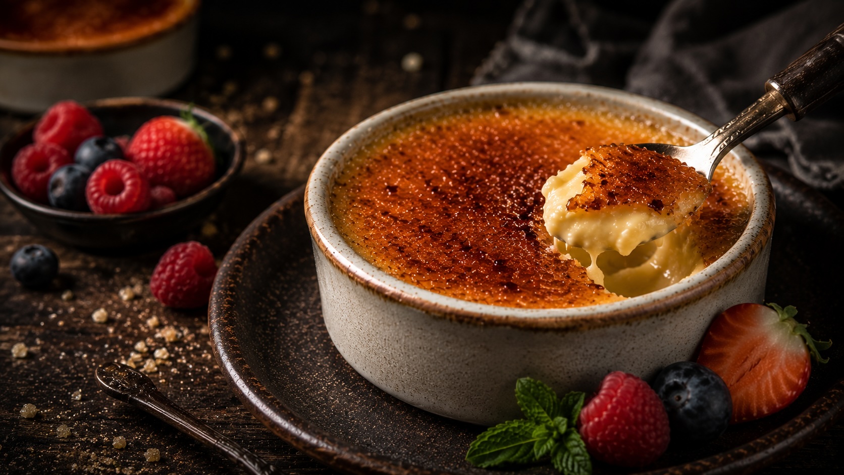 Crème Brûlée mit knuspriger Karamellkruste und frischen Beeren