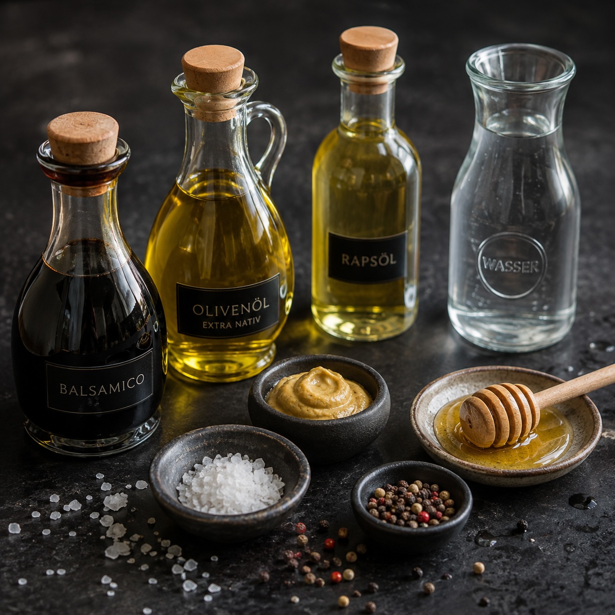 Balsamico, Olivenöl, Rapsöl, Senf, Honig, Salz, Pfeffer und Wasser auf einer dunklen Arbeitsfläche.