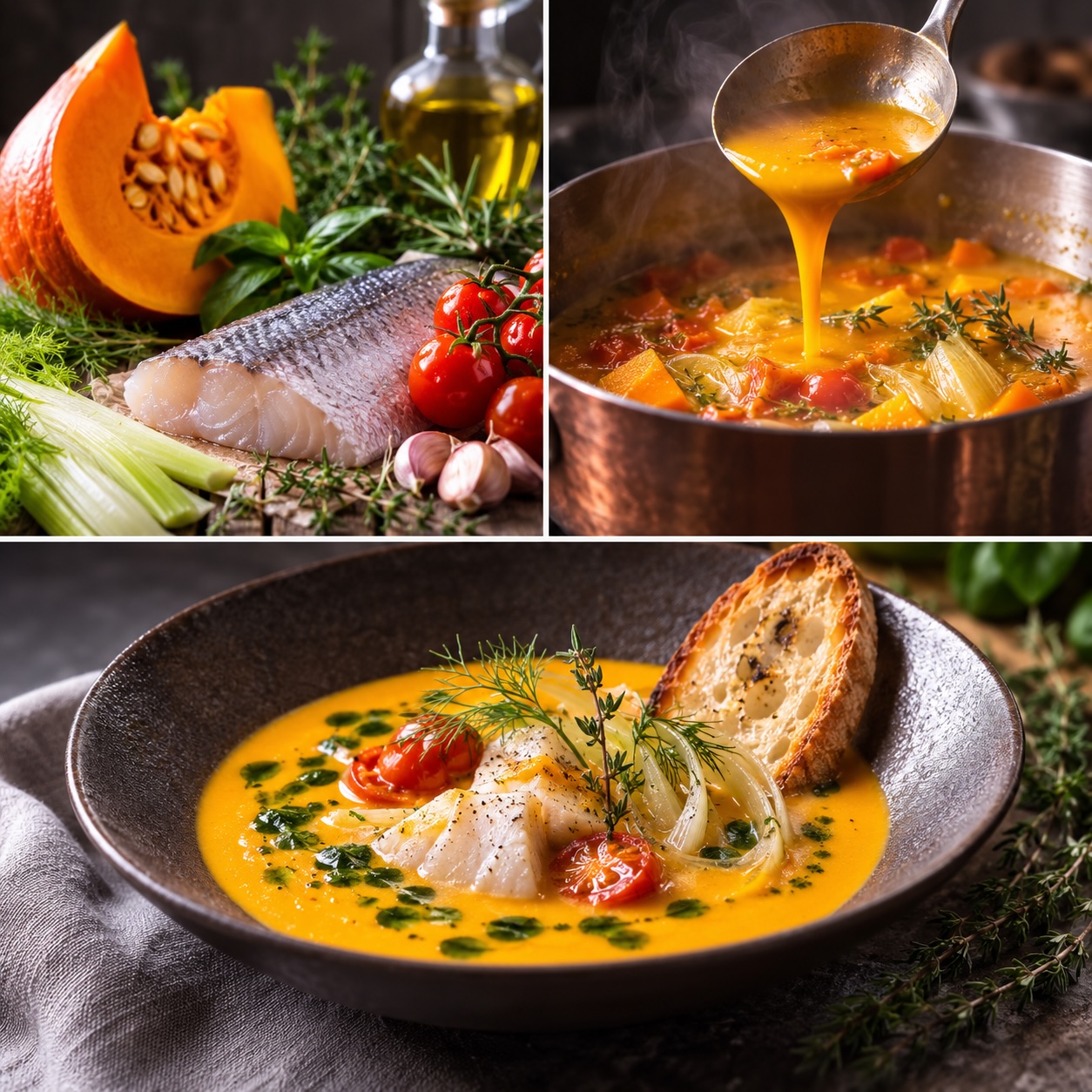 Cremige Kürbis-Fisch-Suppe provençale mit gebratenem Fisch, Kräutern und Kürbiskernöl
