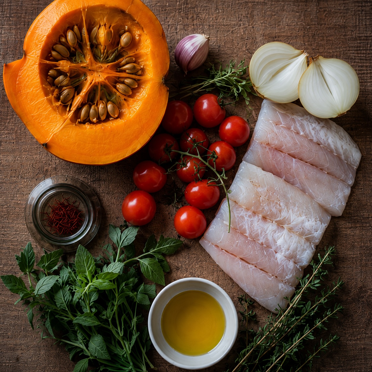 Zutaten für Kürbis-Fisch-Suppe provençale mit Kürbis, Fischfilet, Tomaten, Zwiebeln und frischen Kräutern