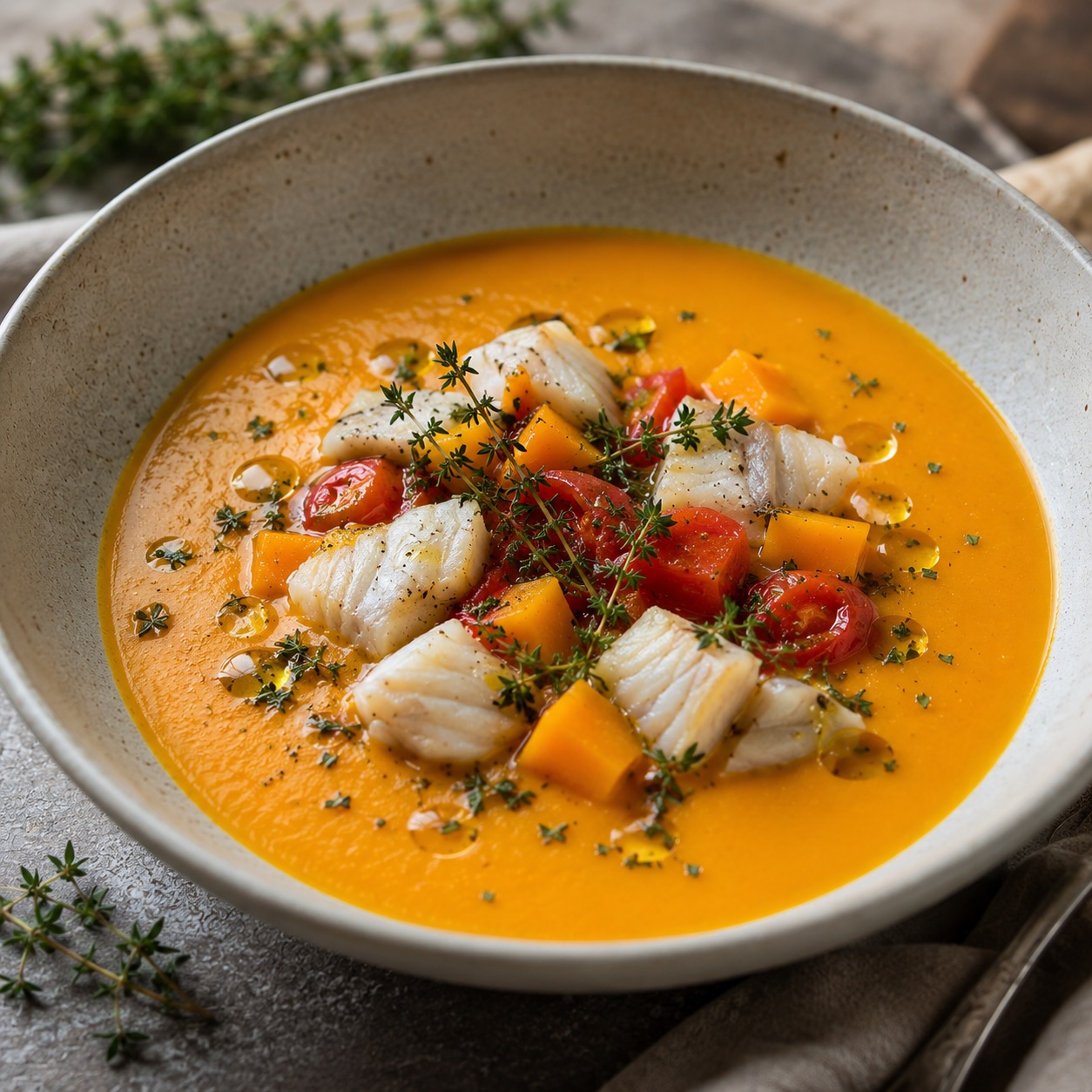 Detailaufnahme der Kürbis-Fisch-Suppe provençale mit Fisch und mediterranen Kräutern