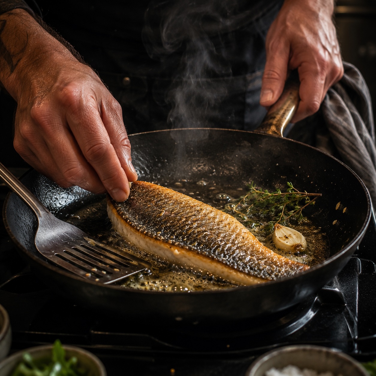 Forellenfilet auf der Haut knusprig in der Pfanne braten