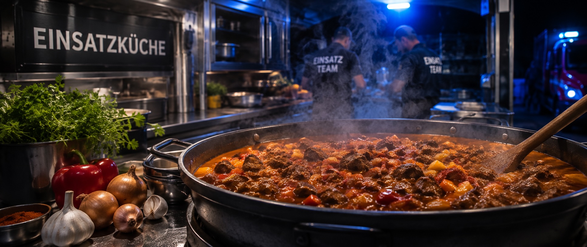 Einsatz-Gulasch mit Serviettenknödel aus der Feldküche