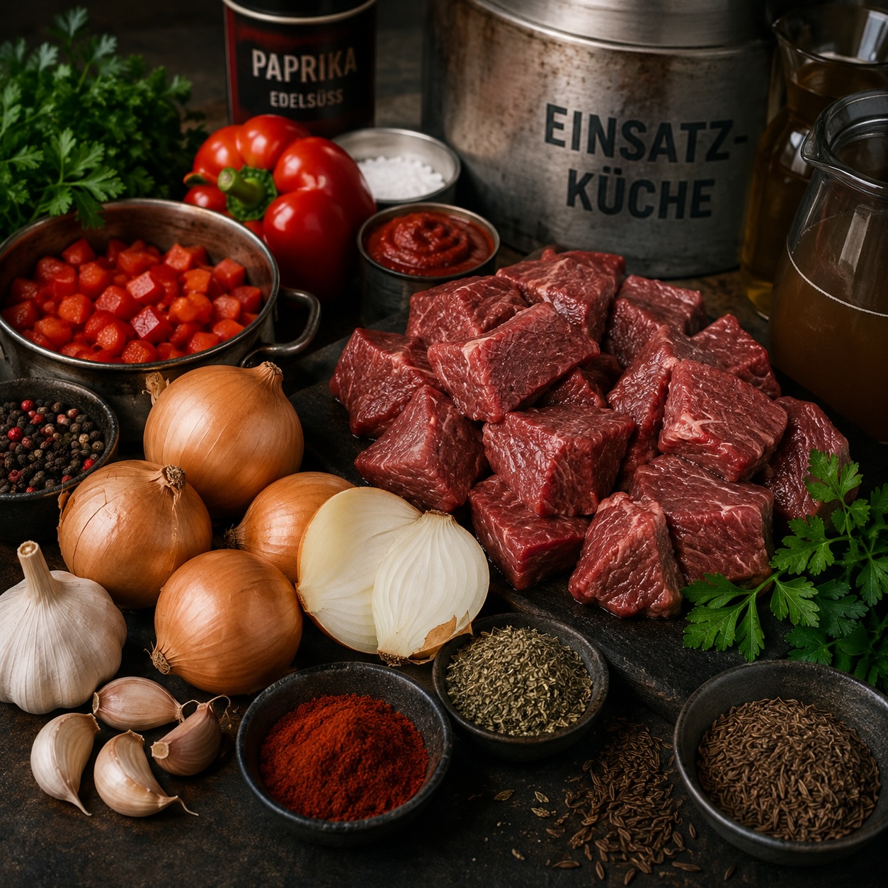 Frische Zutaten wie Rindfleisch, Zwiebeln, Paprika, Knoblauch und Gewürze für das Einsatz-Gulasch