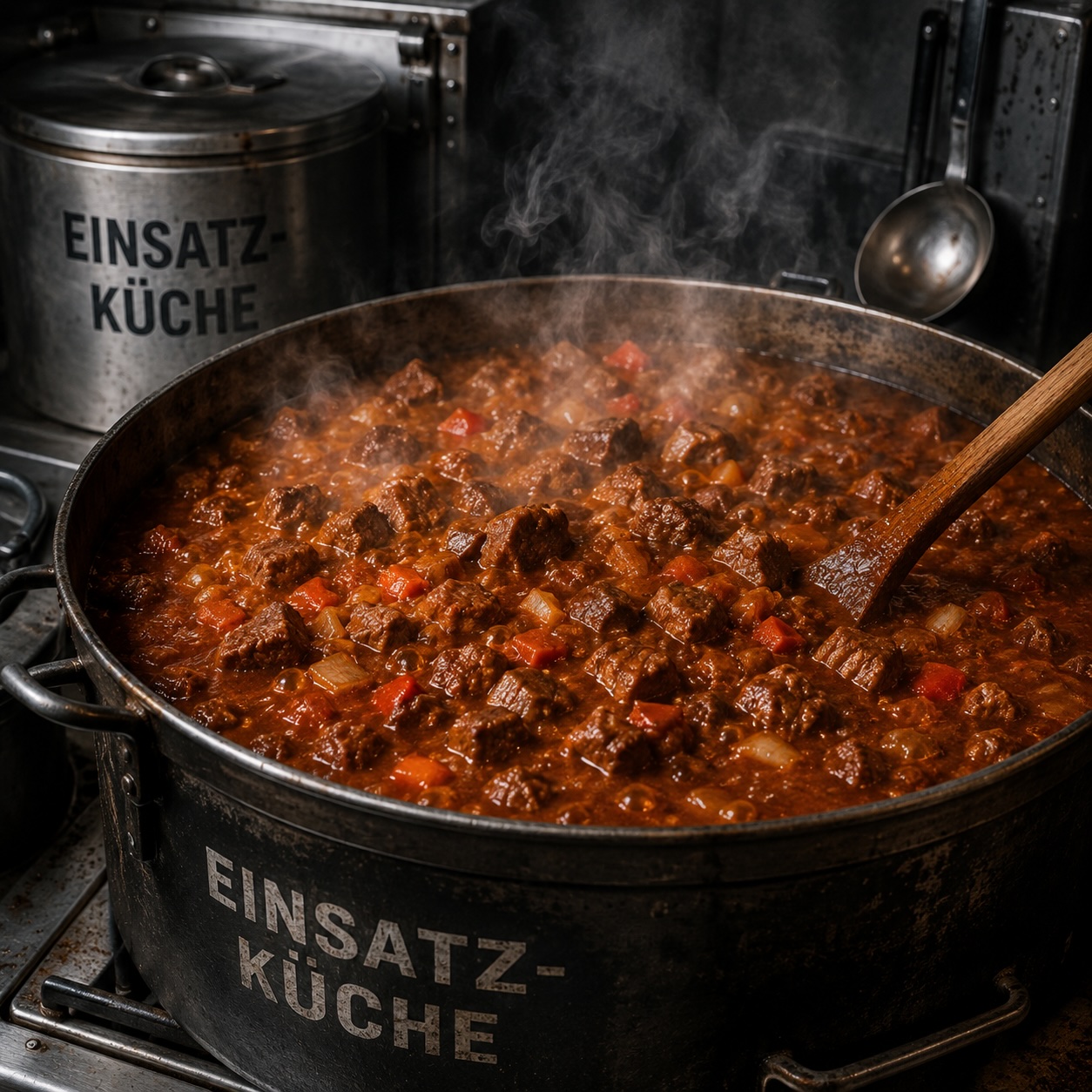Das Einsatz-Gulasch schmort langsam im großen Kessel der Einsatzküche
