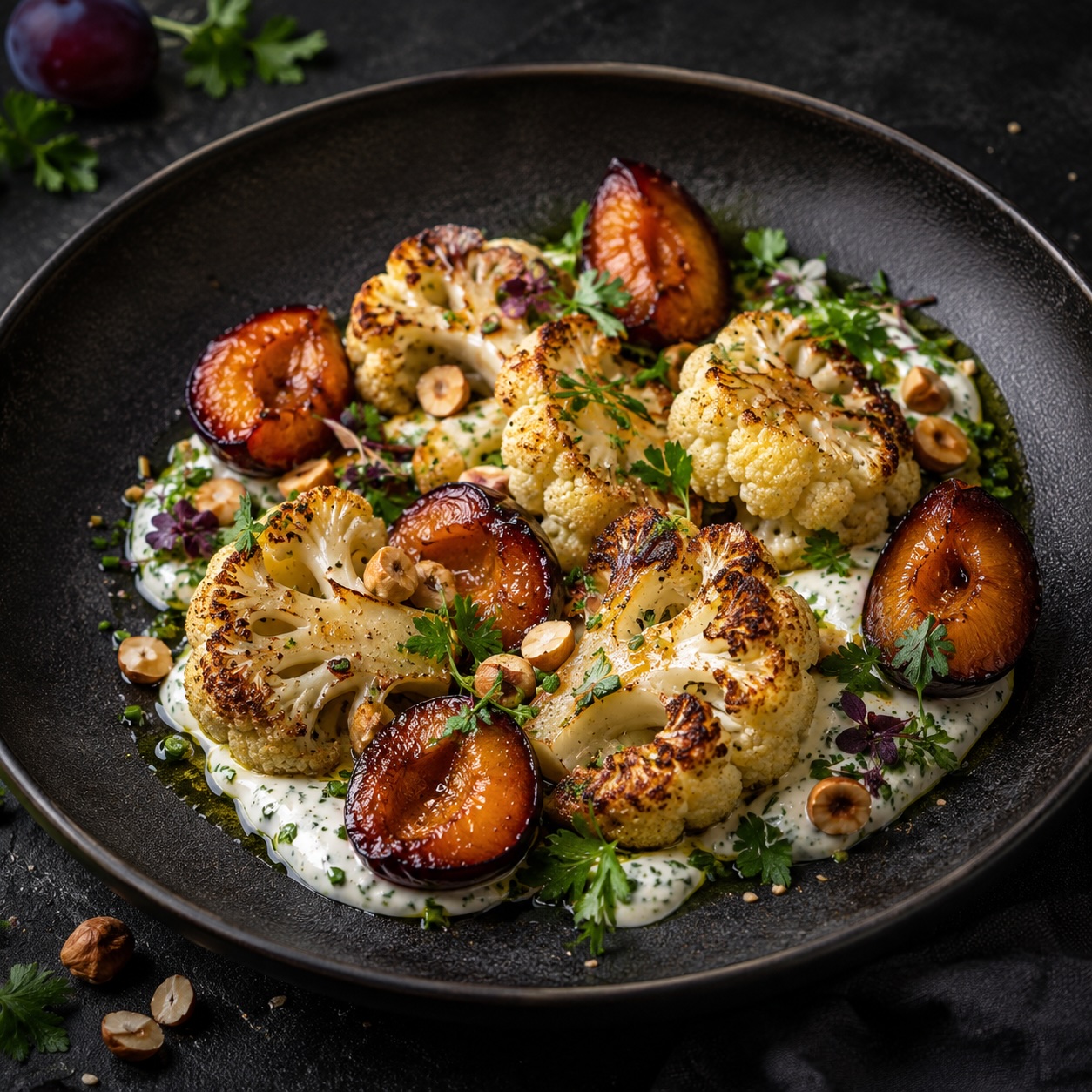 Gerösteter Karfiol mit Zwetschke, Kräuterjoghurt und Haselnuss
