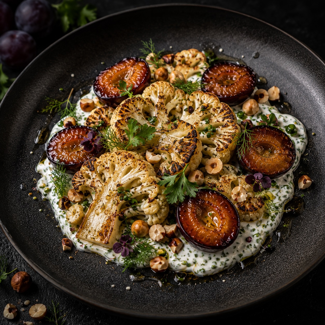 Gerösteter Karfiol mit glasierten Zwetschken, Kräuterjoghurt und Haselnüssen