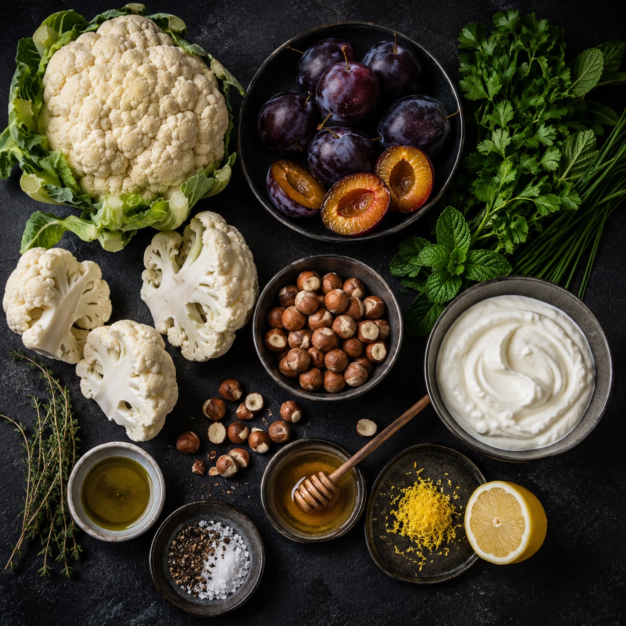 Karfiol mit Zwetschken, Haselnüssen, Kräutern und Joghurt