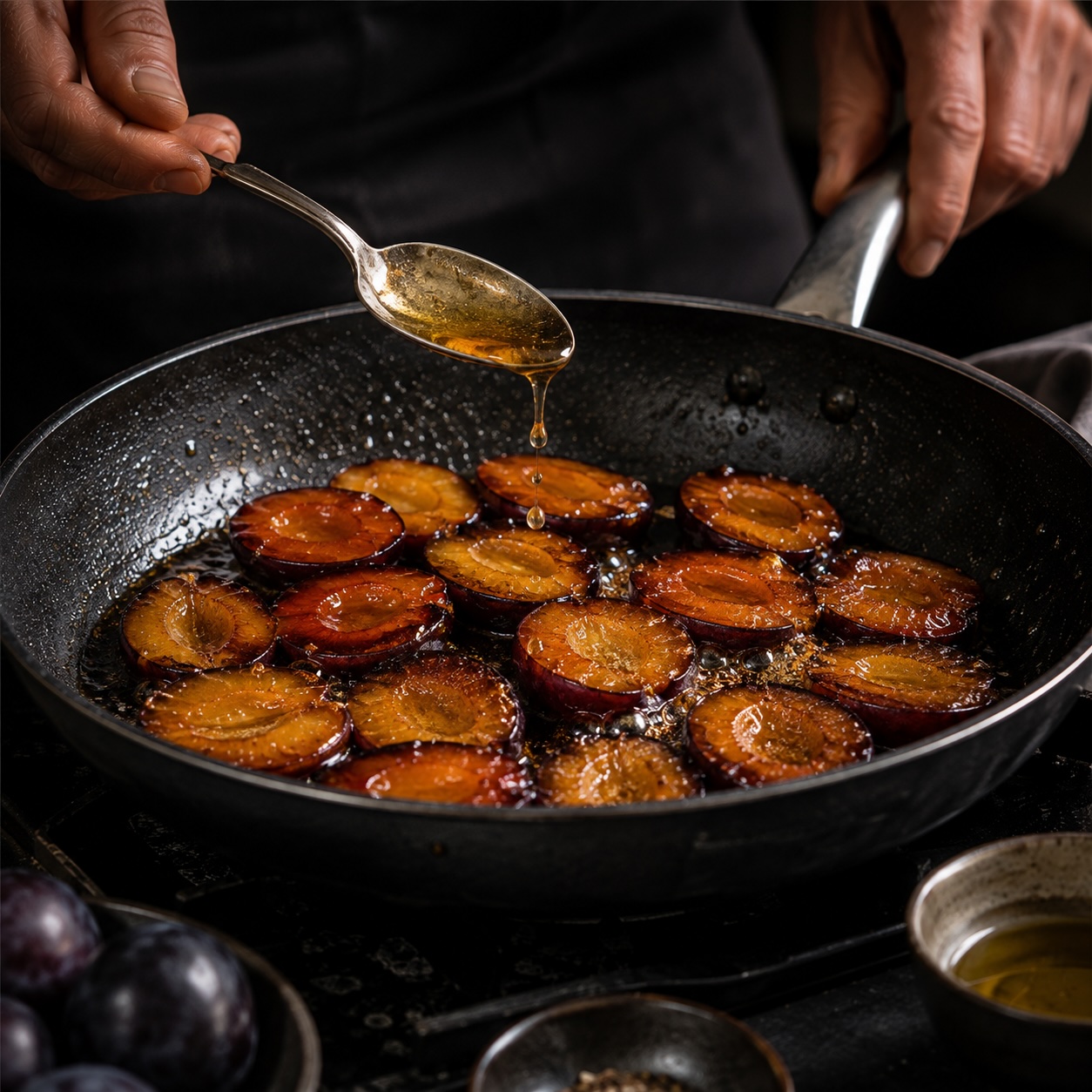 Zwetschken mit Honig und weißem Balsamico in der Pfanne glasieren