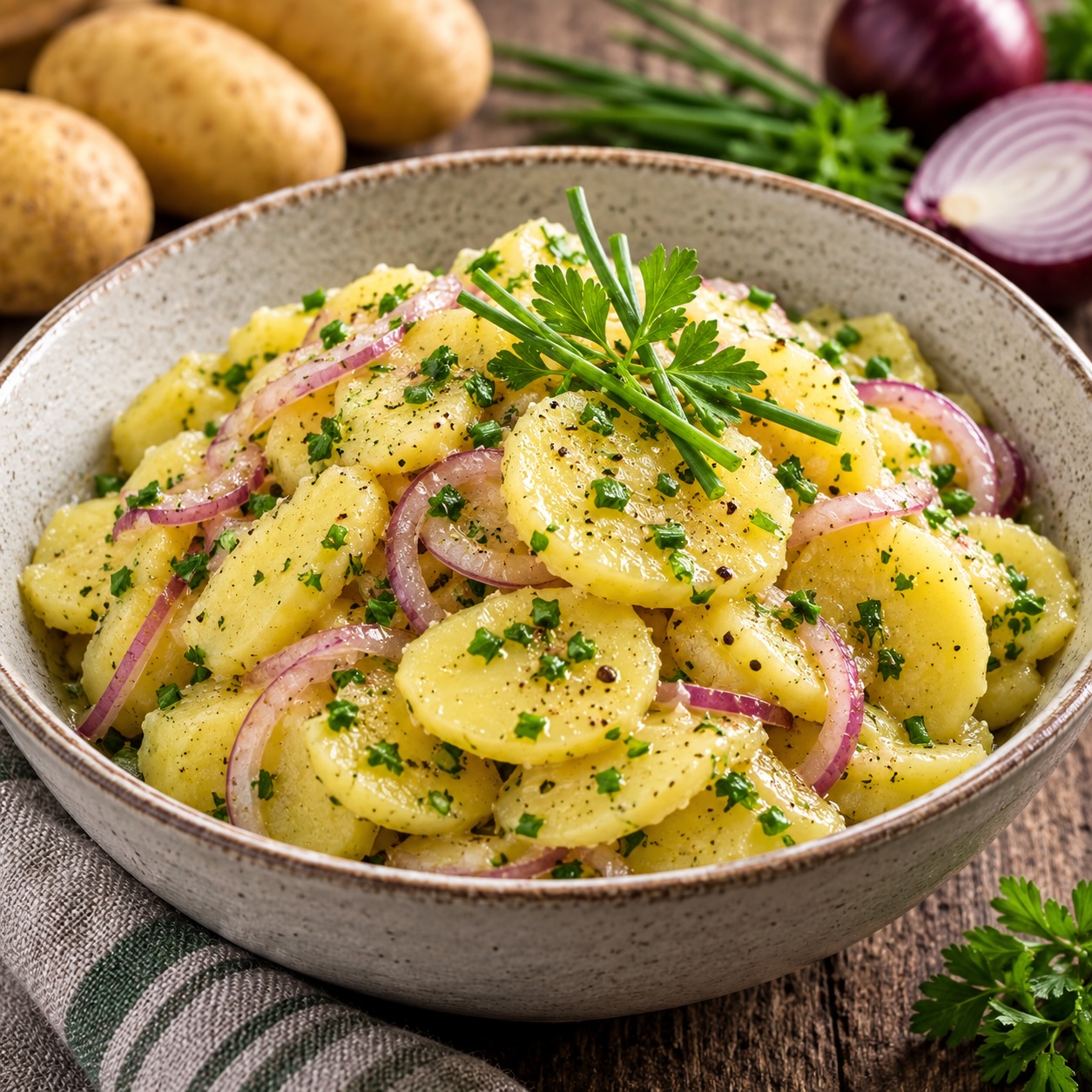 Klassischer österreichischer Kartoffelsalat mit Zwiebeln, Schnittlauch und feiner Marinade