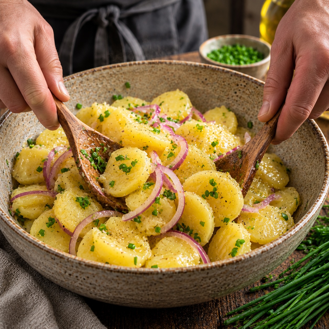 Kartoffelscheiben und rote Zwiebeln werden behutsam mit der Marinade vermischt, damit die Scheiben ganz bleiben.