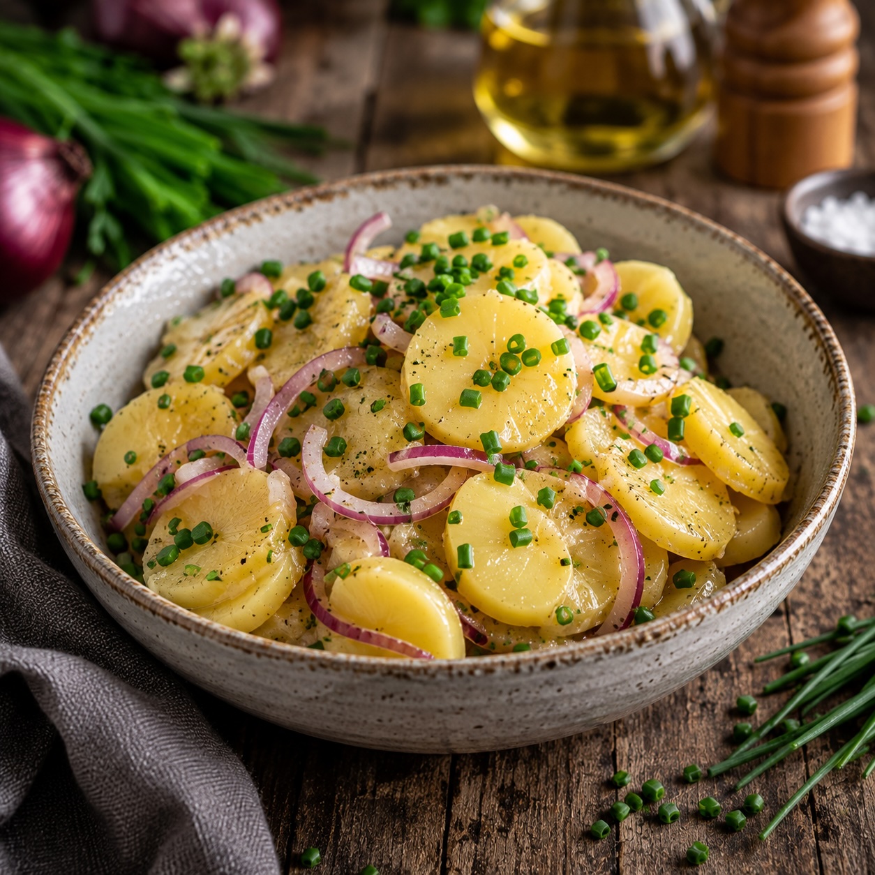 Fertig marinierter österreichischer Kartoffelsalat mit Schnittlauch in einer rustikalen Keramikschüssel angerichtet.