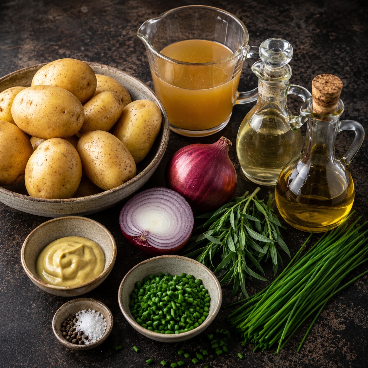 Speckige Kartoffeln, rote Zwiebel, Estragonsenf, Essig, Öl und frischer Schnittlauch auf einer dunklen Arbeitsfläche.