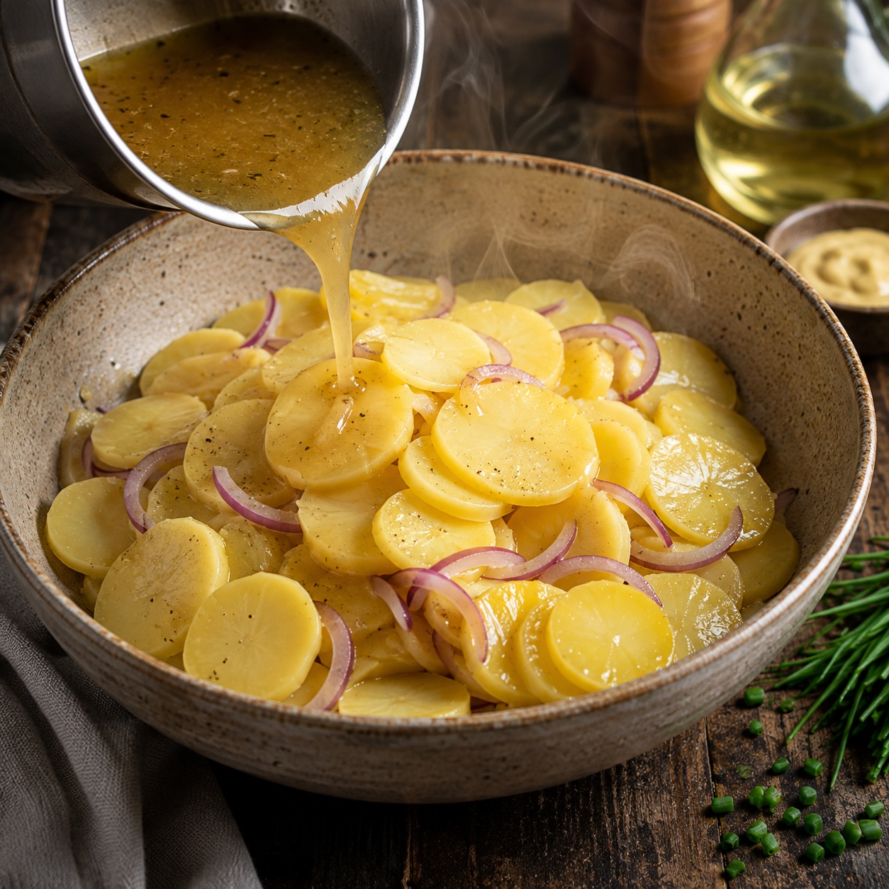 Frisch gekochte Kartoffelscheiben werden mit heißer Marinade aus Gemüsefond, Essig und Senf übergossen.