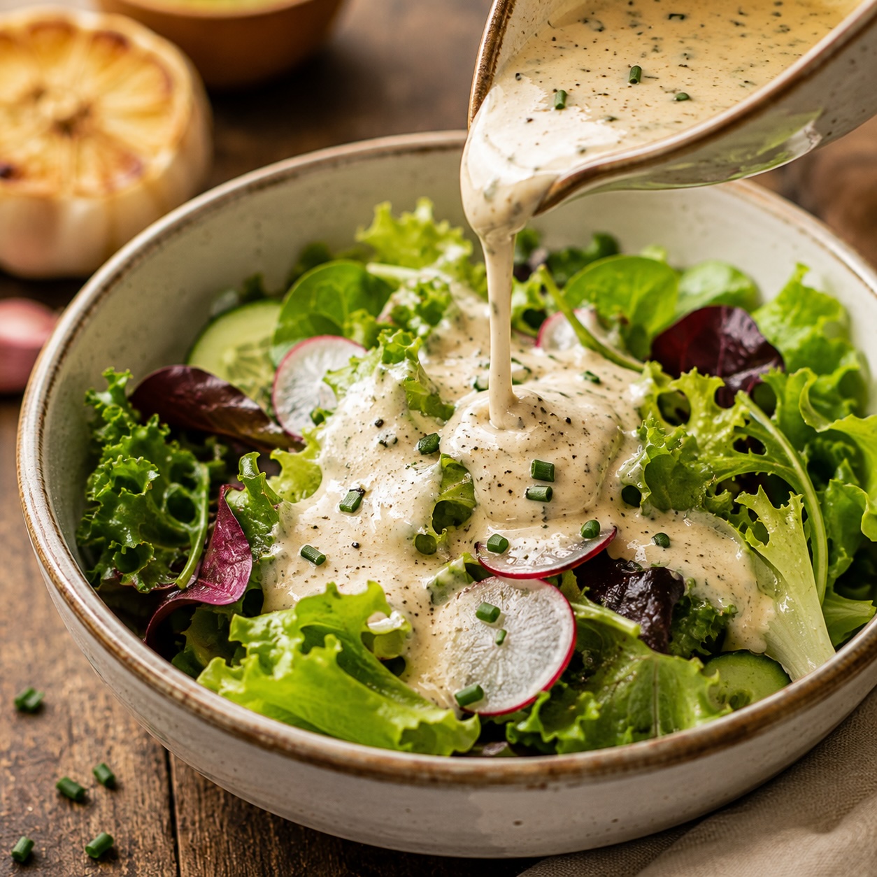Knoblauchdressing zu frischem Blattsalat serviert