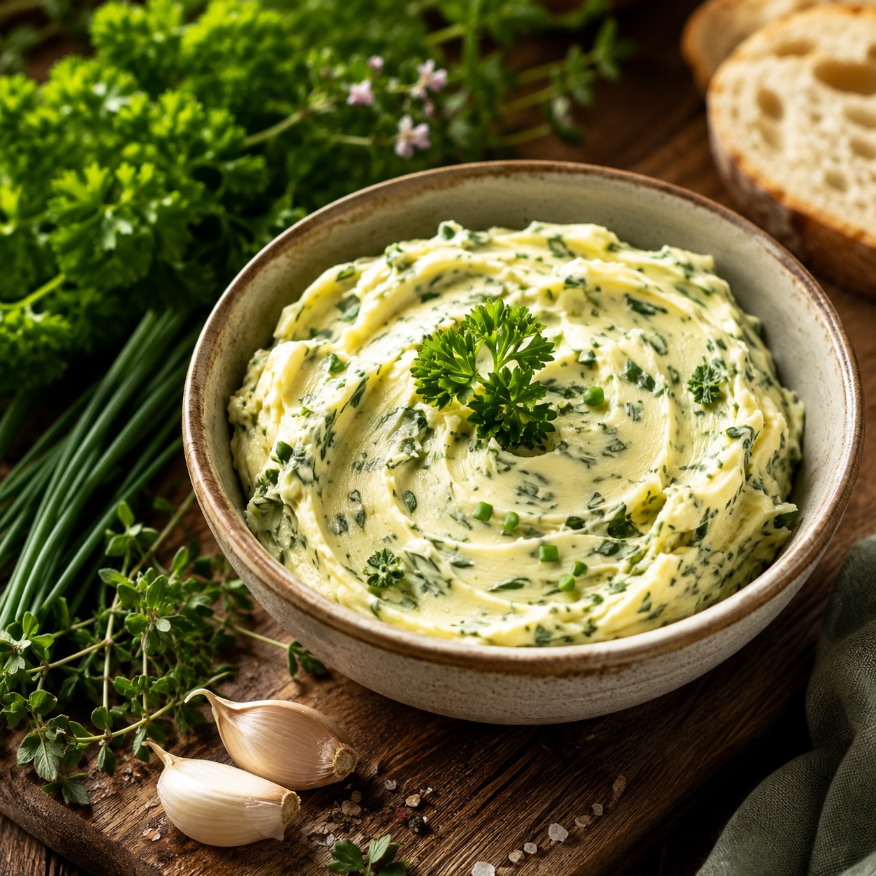 Hausgemachte Kräuterbutter mit frischen Gartenkräutern