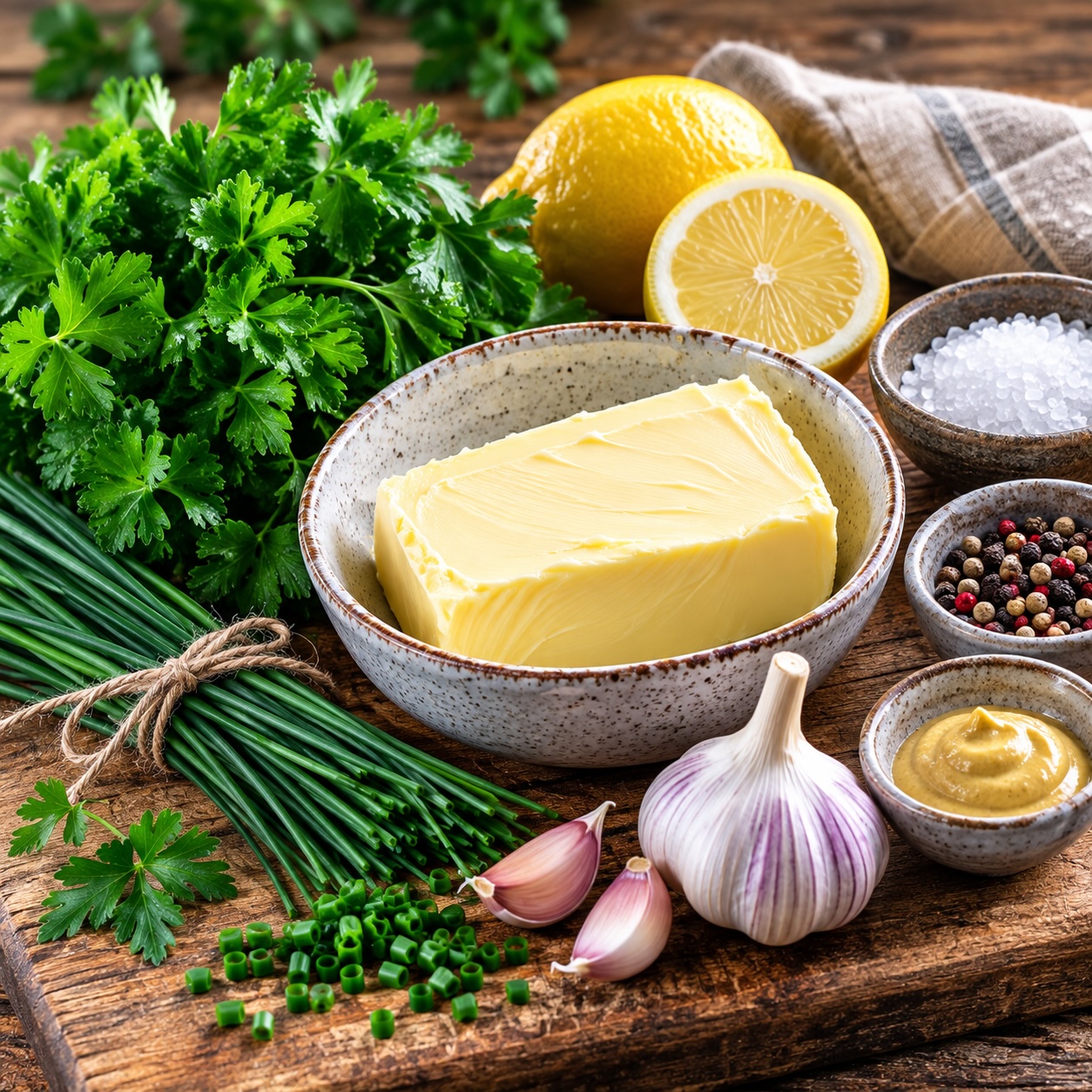 Frische Zutaten für hausgemachte Kräuterbutter mit Petersilie, Schnittlauch und Knoblauch